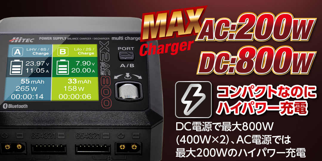 コンパクトなのにハイパワー充電 ●DC電源で最大800W(400W×2)、 AC電源では最大200Wのハイパワー充電